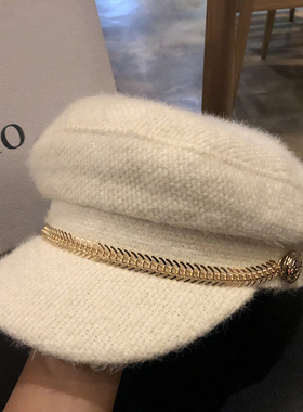 韩版秋冬贝雷帽复古逛街平顶鸭舌帽时尚休闲帽子女链条南瓜帽白色