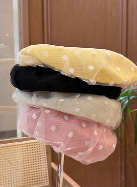 夏季透气网纱波点贝雷帽甜美糖果色黄色南瓜帽大头围云朵帽显脸小