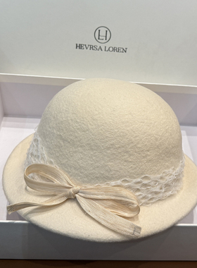 秋冬纯羊毛贝雷帽女蕾丝蝴蝶结圆顶优雅帽子羊绒真丝麻配饰礼帽