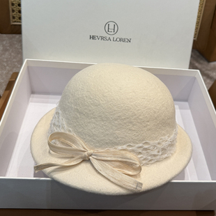 秋冬纯羊毛贝雷帽女蕾丝蝴蝶结圆顶优雅帽子羊绒真丝麻配饰礼帽