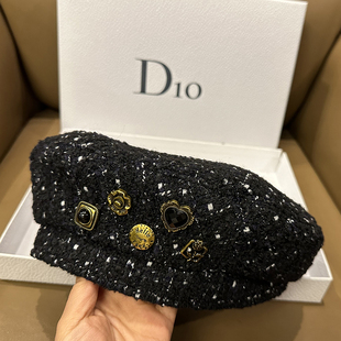 日系甜美小香风显脸小贝雷帽粗麻花毛呢南瓜帽百搭画家帽黑色时尚