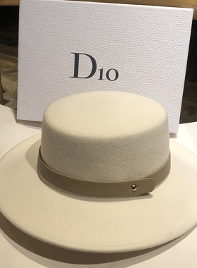 法国平顶礼帽女士优雅白色羊毛呢帽子逛街气质爵士帽秋冬羊绒毡帽