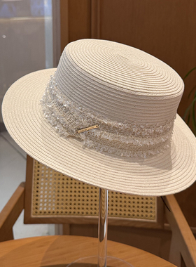 法式白色小香风百搭平顶草帽优雅复古百搭礼帽出游度假风沙滩帽潮