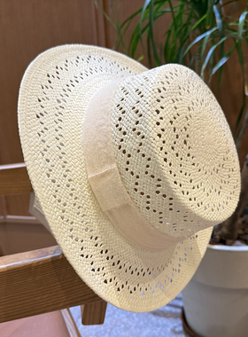 夏季白色镂空优雅礼帽女甜美显脸小气质出游拍照宽檐草编平顶礼帽