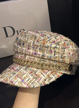 秋冬韩版小香风贝雷帽复古链条休闲八角女百搭逛街出游帽子女时尚