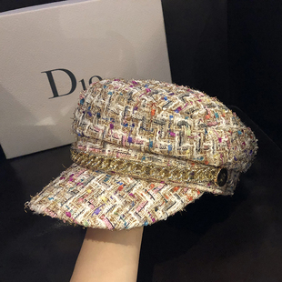 秋冬韩版 小香风贝雷帽复古链条休闲八角女百搭逛街出游帽子女时尚