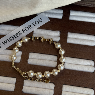 复古施家珍珠手链圆珠子虎眼石手镯法式 金色串珠轻奢手饰品精致