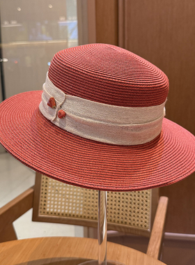 夏季草编红色平顶草帽女法式英伦风遮阳防晒太阳凉帽出游海边沙滩