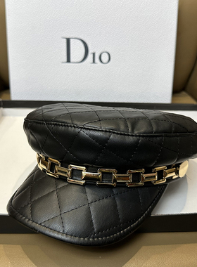 韩国百搭时尚平顶画家帽黑色链条鸭舌帽休闲英伦PU皮报童帽日系潮