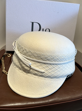 秋冬优雅纯羊毛马术帽网纱气质骑士帽子白色时尚优雅礼帽蝴蝶结
