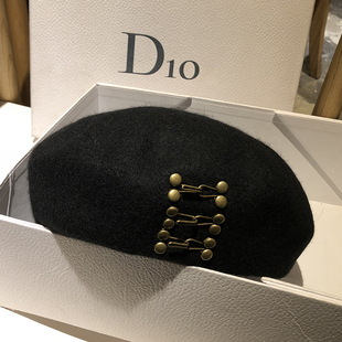 韩版 礼帽黑色蓓蕾帽 羊毛贝雷帽秋冬逛街百搭英伦南瓜帽金属扣时尚