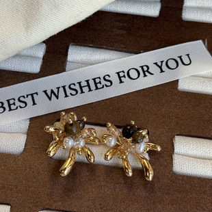 S925银针棕色手工串珠耳钉美拉德棕日系夸张耳饰出游耳环显脸小潮