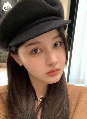 韩国百搭简约八角帽羊毛针织鸭舌帽黑白色报童帽显脸小画家贝雷帽