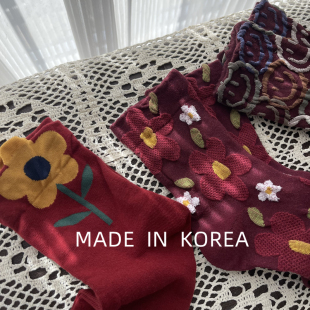 韩国进口复古酒红色中筒袜女士纯棉本命年红袜子新婚花朵笑脸小熊