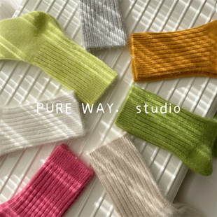 宽条罗口安哥拉兔羊毛保暖秋冬加厚中筒袜子女士纯色简约韩国INS