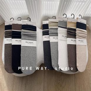高级韩国撞色袜口双针基础款 纯棉中筒袜女士堆堆袜无骨ins基础款