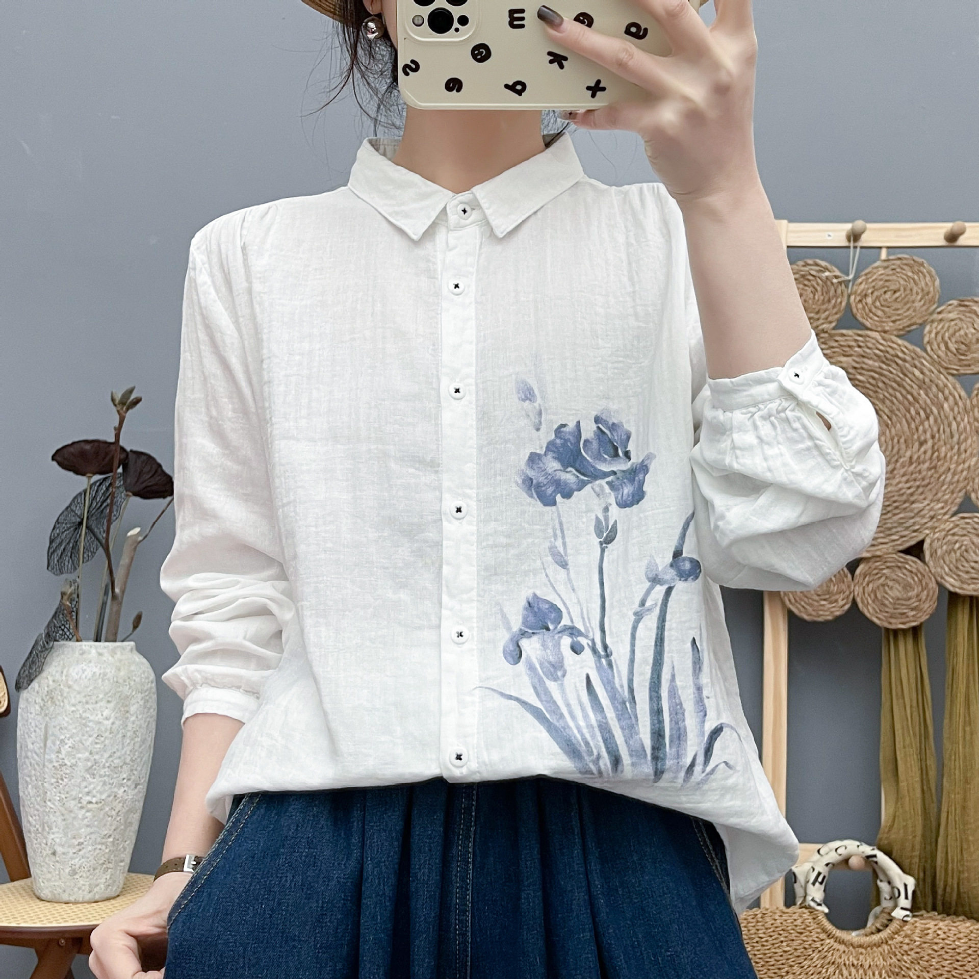 2025秋装新款 韩版卡通花朵印花双层棉纱女士开衫长袖衬衫