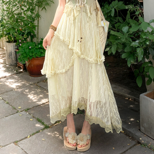 森女部落不规则设计感a字半身裙女夏新款 原创气质蕾丝边高腰显瘦