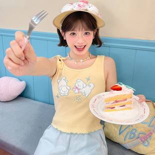 森女部落可爱小狗绣花减龄原创设计感黄色修身 吊带背心女2025夏