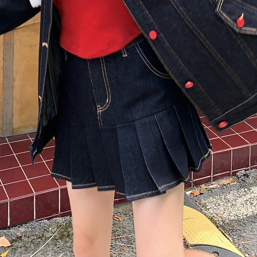 学院风复古甜酷A字高腰牛仔裙女