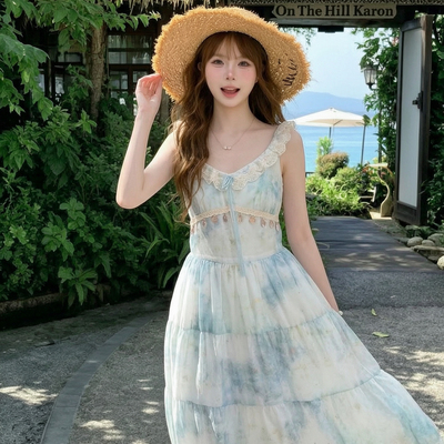 森女部落度假蕾丝连衣裙女甜美夏季新款扎染收腰吊带长裙2026夏季