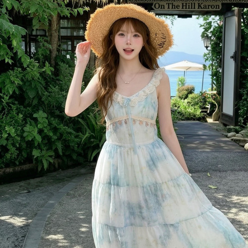 森女部落度假蕾丝连衣裙女甜美夏季新款扎染收腰吊带长裙2026夏季