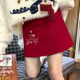 森女部落甜美风可爱猫咪刺绣百搭高腰半身裙女新款 百搭A字裙秋季