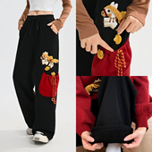 森女部落原创设计感马上有钱加绒直筒休闲裤 女松紧腰百搭裤 子秋冬