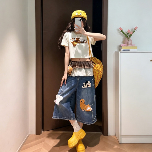 森女部落甜美风小熊猫刺绣正肩短袖T恤女2026新款圆领短款上衣夏