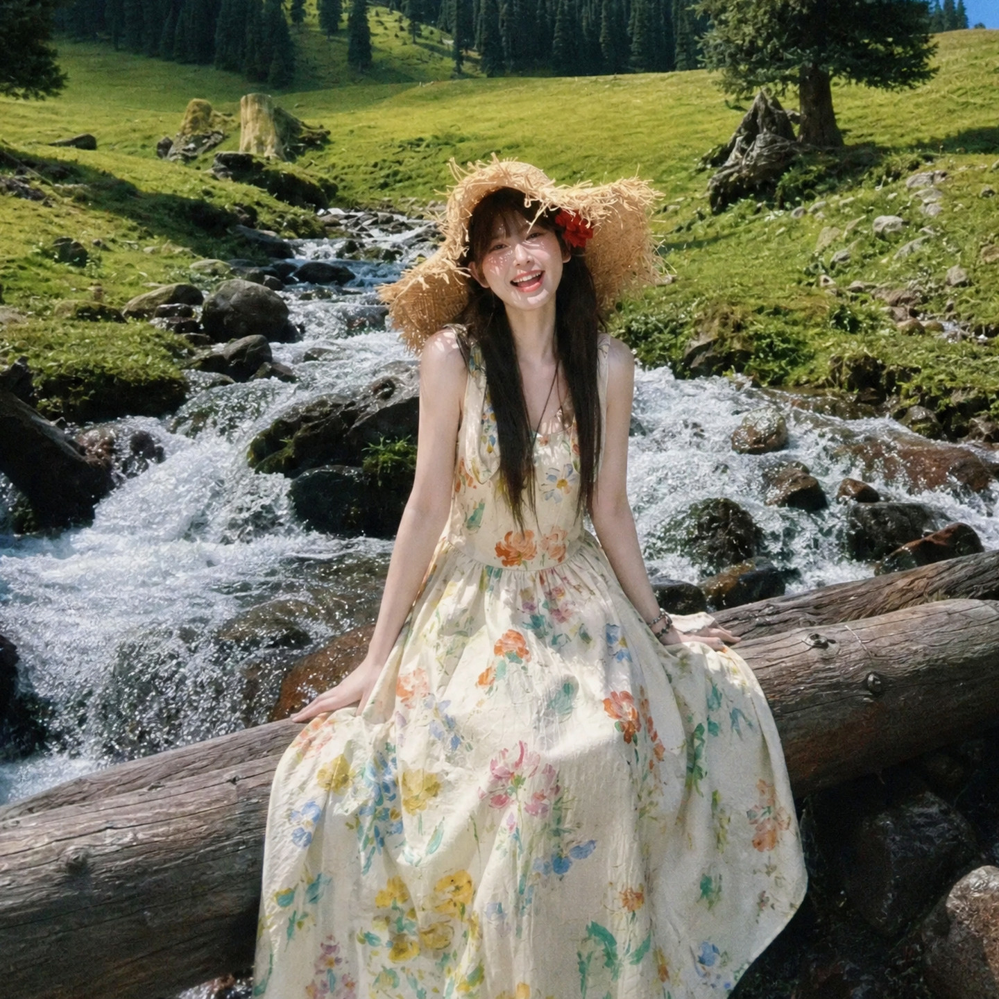 森女部落温柔风纯棉碎花修身吊带连衣裙女新款设计感度假长裙夏季