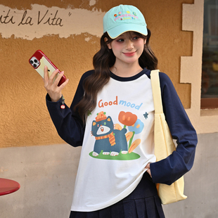 猫咪印花宽松遮肉百搭休闲上衣新款 森女部落甜美风撞色长袖 女春季