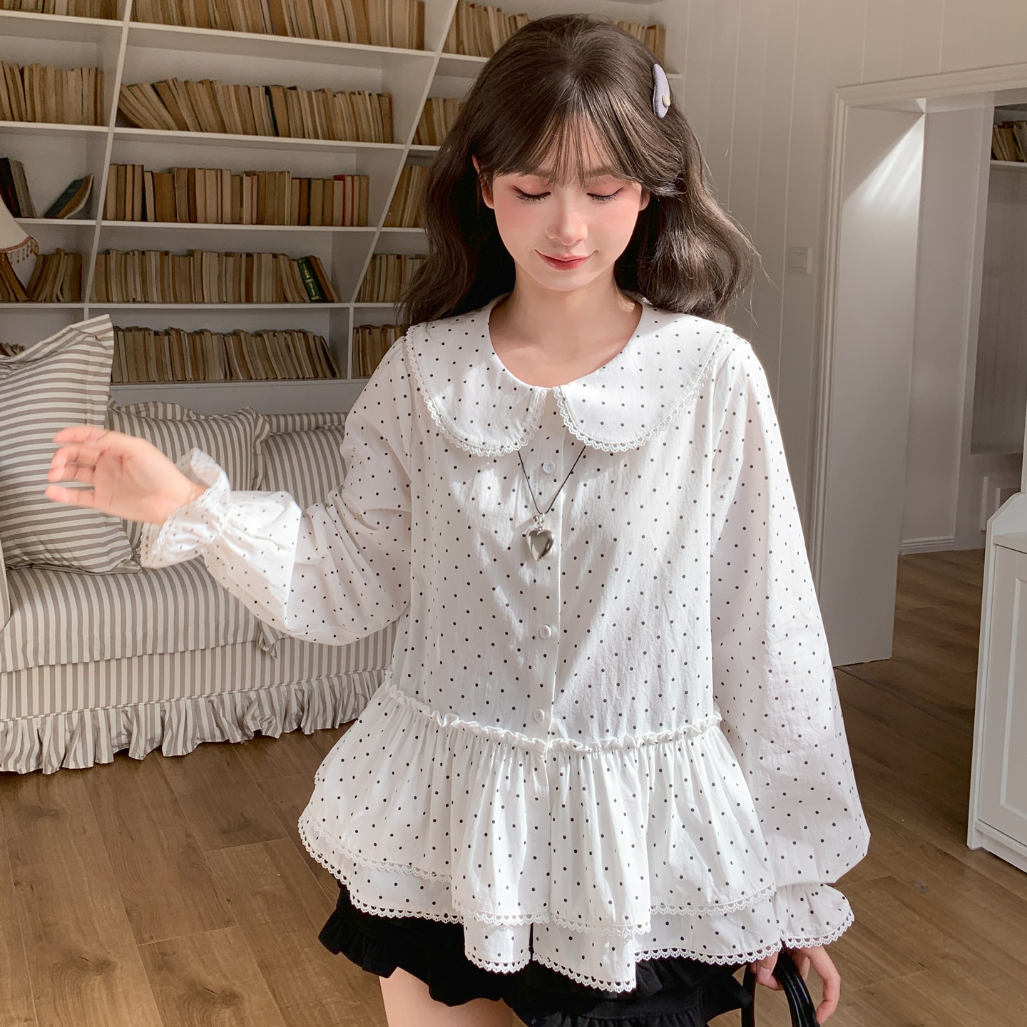 森女部落甜美波点娃娃领纯棉长袖衬衫女新款设计感百搭宽松上衣春,女装/女士精品,衬衫,淘宝优惠券,粉丝福利购,淘宝优惠卷