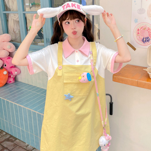 多巴胺元气少女拼色短袖连衣裙女
