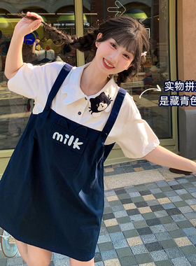 森女部落学院风可爱裙子假两件短袖连衣裙女夏季新款小个子背带裙