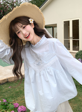 森女部落甜美风纯棉蕾丝拼接衬衫女2026新款刺绣设计感宽松上衣春