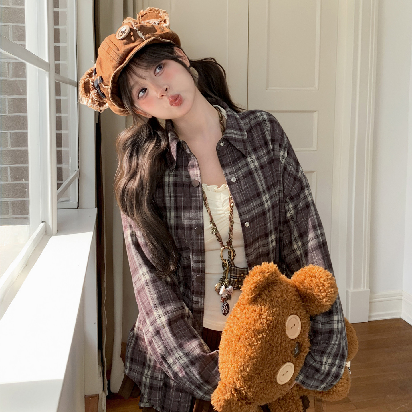 森女部落美式复古格子长袖衬衫女2026新款宽松百搭休闲外套上衣春