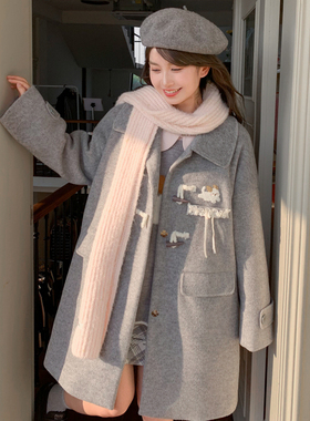 森女部落韩系灰色毛呢外套女2025新款秋百搭小狗刺绣宽松长款大衣