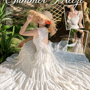 森女部落度假风蝴蝶连衣裙女夏白色多层大摆收腰显瘦仙系甜妹长裙