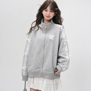森女部落少女甜美可爱纯棉蝴蝶结外套女2026新款初中生灰色卫衣春