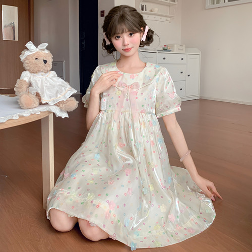 森女部落甜美彩色印花设计感娃娃领泡泡袖宽松A字连衣裙女新款夏