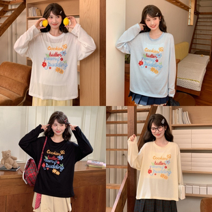2025秋季 T恤女字母印花宽松上衣罩衫 圆领长袖 森女部落甜美风薄款