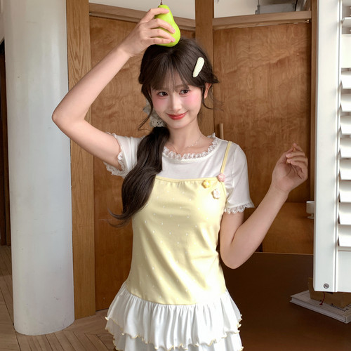 森女部落甜美撞色短袖t恤女2026新款修身显瘦假两件设计感上衣夏