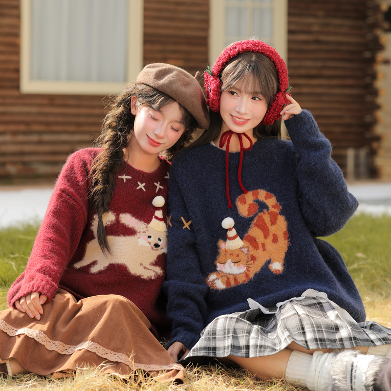 森女部落可爱小狗刺绣套头毛衣女2025新款百搭慵懒宽松针织衫秋季