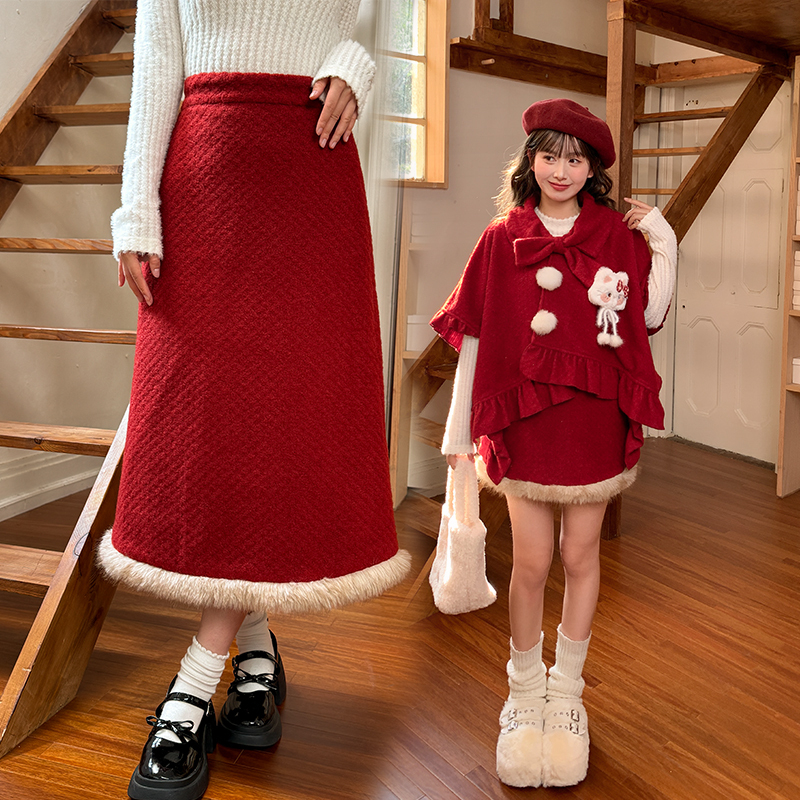 森女部落甜美风纯色百搭高腰半身裙女毛边设计感2025新款A字裙冬