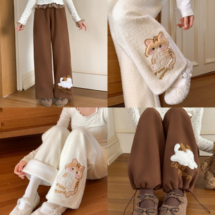冬季 灯芯绒高腰休闲裤 女新款 森女部落甜美可爱猫咪刺绣加绒阔腿裤