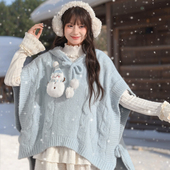 森女部落甜美风百搭针织斗篷外套2026新款 连帽毛衣女秋冬宽松上衣