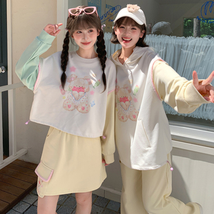 森女部落甜美风原创可爱小熊印花宽松圆领长袖卫衣时尚套装女新款