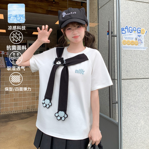 森女部落学院风凉感抑菌短袖t恤女新款奶牛喵刺绣设计感上衣夏