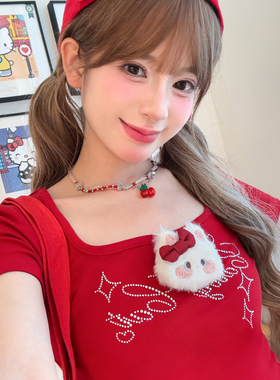 森女部落甜美风猫咪红色显白方领修身显瘦夏季新款短袖上衣T恤女