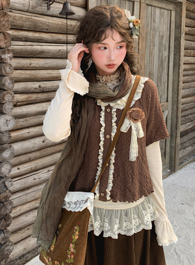 森女部落复古原创古着感叠穿短袖2025新款秋季蕾丝花边上衣套装女